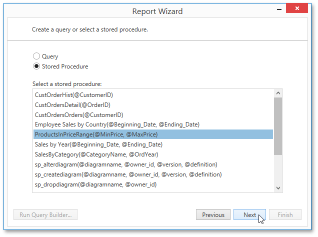 WpfDesigner_ReportWizard_SelectingStoredProcedure